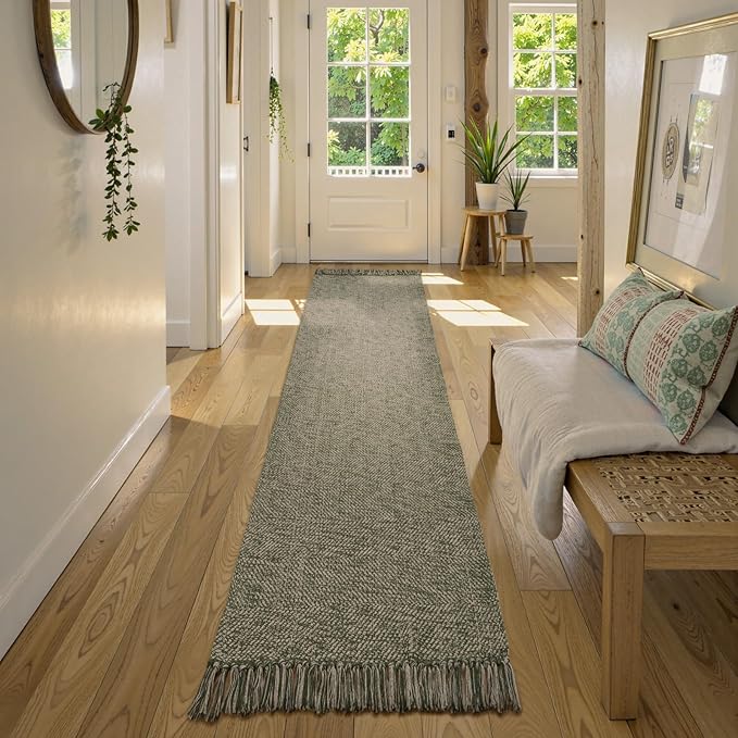 Collive Long Hallway Runner Rug 2.6' x 10', Washable Runner Indoor Entryway Runner Rug, Braided Woven Kitchen Runner Rugs Natural/Green Reversible Bedroom Carpet for Laundry Room Doorway