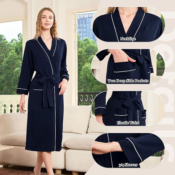 HEARTNICE Womens 100% Cotton Robe, Soft Kimono Spa Long Bathrobe Lightweight Loungewear