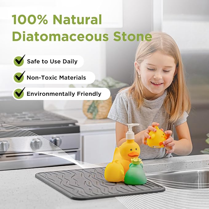 Stone Dish Drying Mat for Kitchen Counter - Super Absorbent, Fast Drying Diatomaceous Earth, Prevents Water Build-Up, Non-Slip & Heat Resistant, 15.75" X 11.75", Dark Gray