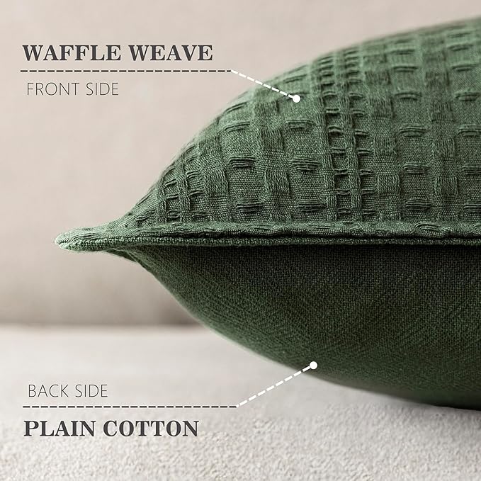 Foindtower Set of 2 Decorative Cotton Waffle Weave Throw Pillow Covers Euro Shams Cushion Covers Accent European Pillowcase for Bed Couch Sofa Bedroom Living Room Home Decor 24×24 Inch Dark Green