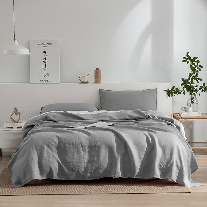 EVERLY Linen Sheets Set King Size,100% French Stonewash Pure Linen Sheets Set,4Pieces (1Flat Sheet,1Fitted Sheet,2Pillowcase) Suitable for Hot Sleepers,Deep Pocket Natural Bedding Set-Light Grey