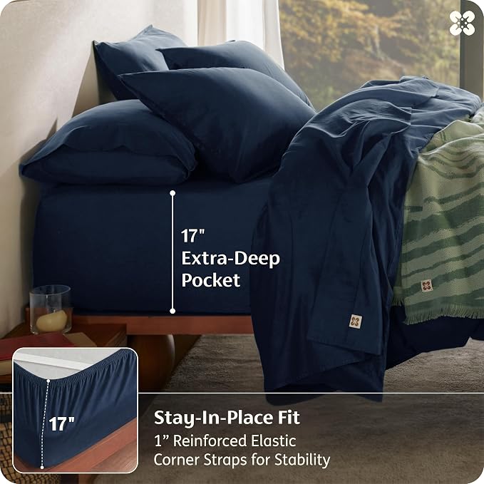 Bedsure 100% GOTS Certified Organic Cotton Sheets, California King Sheet Sets, 17" Deep Pocket Bedsheets with Corner Straps, Eco-Friendly, Soft & Luxury PureWoven Cotton Hotel Bedding, 4PCS, Navy