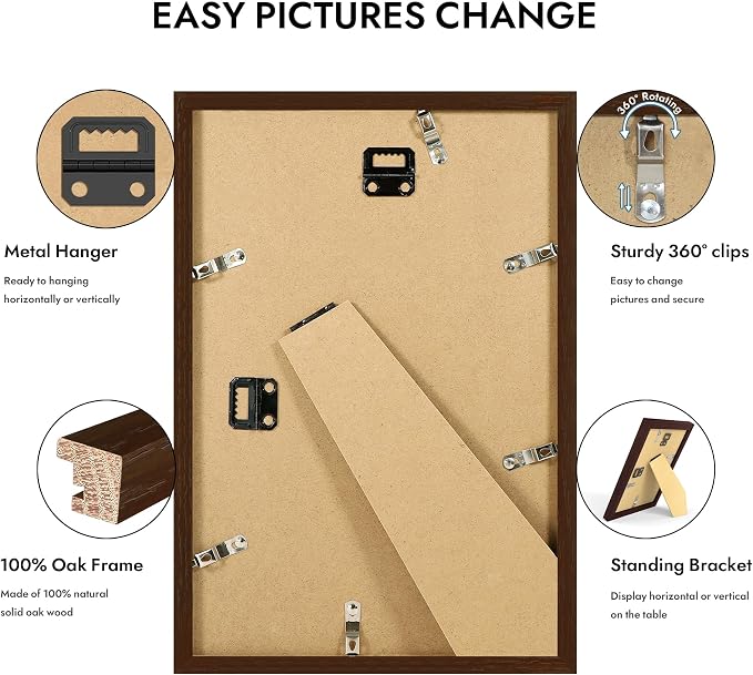 Hongkee 8x12 Oak Wood Picture Frame 1 Pack(Matted 6x9), Real Glass Cover | Walnut, 8 x 12 Solid Wood Frame for Wall or Tabletop Display - Includes Easel Back, Vertical Hang - Ideal for Home, Office