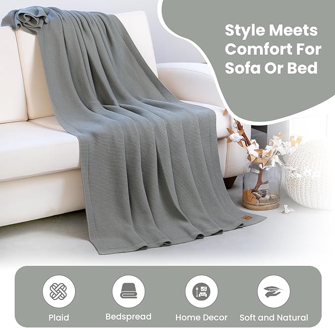 Dalisa 100% Organic Turkish Cotton Throw Blanket - GOTS Certified, Cozy - Perfect for Couch, Bed, and Home Decor - Boho Vintage Knit Alina - Green - 60x80
