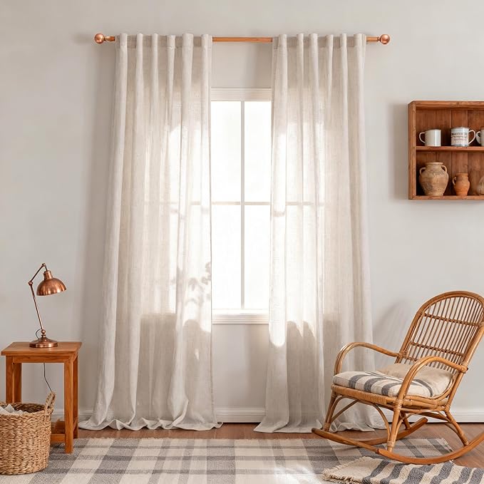 MYSKY HOME Extra Long Linen Curtains for Living Room, Soft Boho Window Curtain Drapes for Sliding Glass Door Light Filtering Semi Sheer Backdrop Panels, 50 x 102 Inches, Natural Linen, 2 Pieces