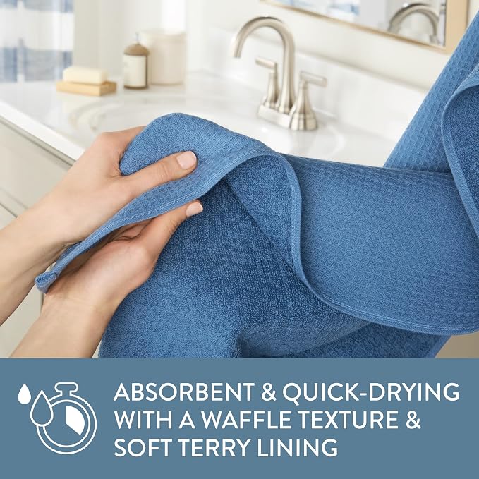 Town & Country Basics 4-Piece Waffle Woven Terry Stripe Bath Towel Set, 30x56-Inch, 100% Cotton, Quick Dry, Blue