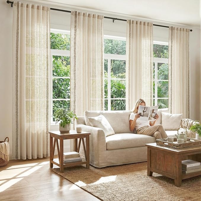 jinchan Beige Linen Blend Curtains with Woven Trim Boho Curtains 90 Inches Length 2 Panels for Living Room Bedroom Light Filtering 50 Inches Wide Rustic Farmhouse Drapes with Rod Pocket Back Tab Ecru