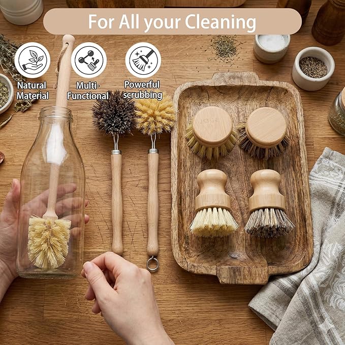 7-Piece Bamboo Dish Brush Set, Natural Kitchen Scrub Brush Kit with Wooden Handle for Pots, Pans, Vegetables, Eco-Friendly Cleaning Tools