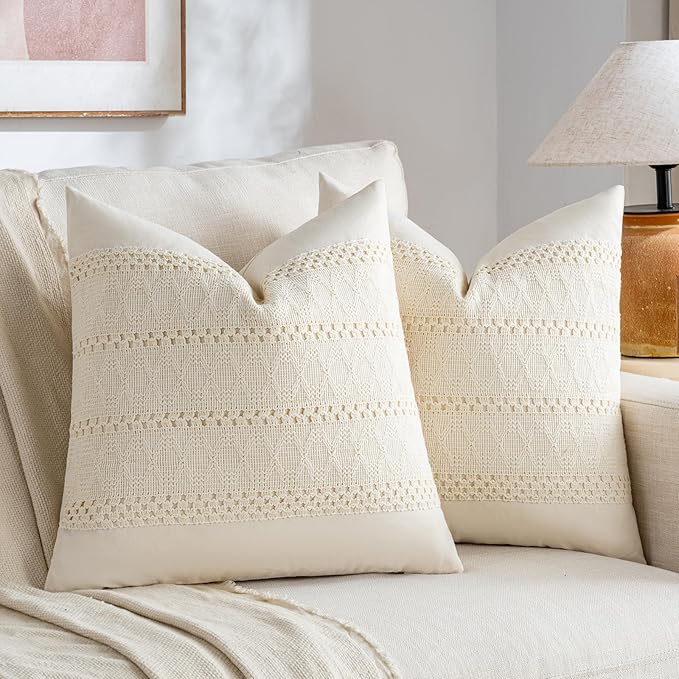Fancy Homi Set of 2 Boho Cream Decorative Throw Pillow Cover 18x18 Inch for Couch Bed Sofa, Aesthetic Modern Organic Farmhouse Home Decor, Soft Cotton Cute Accent Macrame Woven Cushion Case