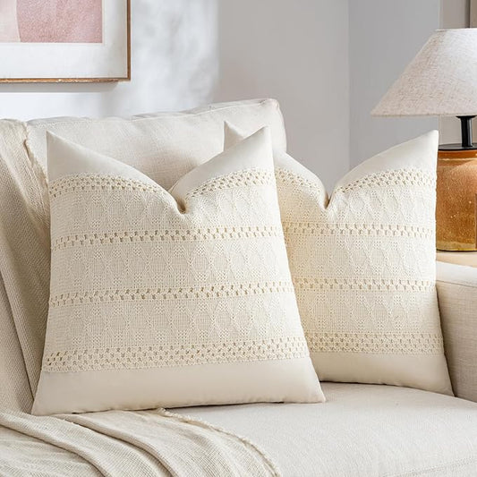 Fancy Homi Set of 2 Boho Cream Decorative Throw Pillow Cover 18x18 Inch for Couch Bed Sofa, Aesthetic Modern Organic Farmhouse Home Decor, Soft Cotton Cute Accent Macrame Woven Cushion Case