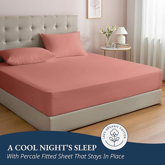 LANE LINEN 100% Organic Cotton Twin Fitted Sheet, 2-Piece Set (1 Fitted Sheet, 1 Pillowcase), Percale Weave, Lightweight, Soft, Breathable, Fits Mattress Upto 15' Deep - Rose Dawn (No Flat Sheet)