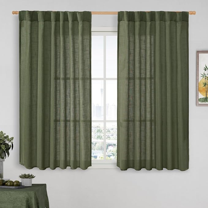 LAMIT Linen Semi Sheer Curtains 48 Inch for Bedroom, Light Filtering Neutral Window Curtains Farmhouse Boho Back Tab and Rod Pocket Panels, Olive Green, 2 Panels, 52 x 48 Inch