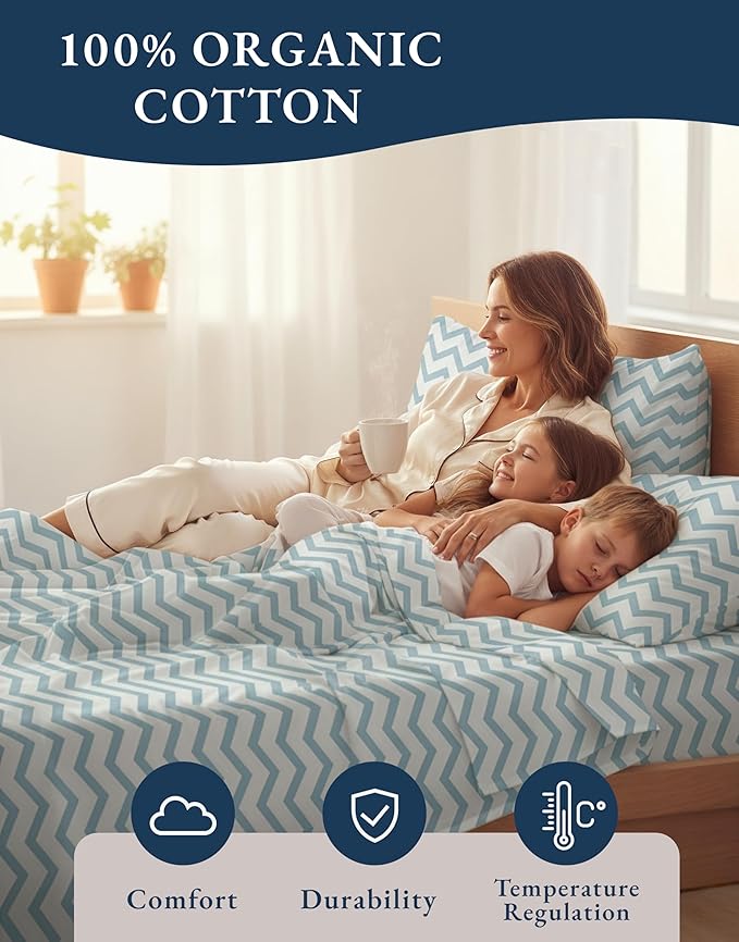 LANE LINEN 100% Organic Cotton Twin Size Bed Sheets, Fully Elasticized Mercerised Cotton Naturally Cooling Twin Bed Sheets Machine wash Ecor Friendly Prined Deep Pocket Sheets -Chevron