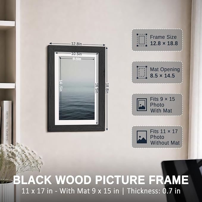 VCK 11x17 Picture Frames Black 3 Pack, Wide Border Solid Wood, Tempered Glass, Display 9x15 Photo with Mat or 11 x 17 without, for Home, Office, Gallery, Woodgrain Series, Wall Hanging