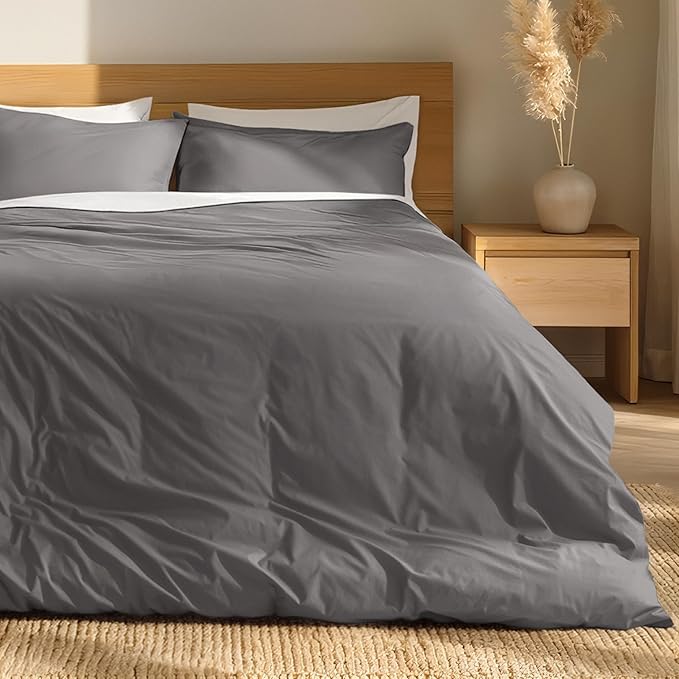 Bare Home 100% Organic Cotton Queen Duvet Cover Set - Crisp Percale Weave - Lightweight & Breathable - Cooling Duvet Cover Set (Queen, Grey)