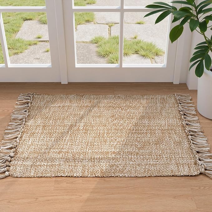 Collive Small Bathroom Rug, 2' x 3' Hand-Woven Low Profile Front Entryway Rug, Tan Cotton Reversible Washable Kitchen Mat Modern Farmhouse Carpet for Foyer Bedroom Back Door Decor