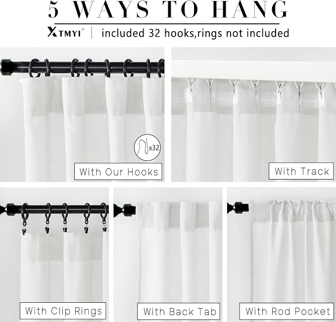 XTMYI Back Tab/Hook Belt Linen Cotton Sheer Curtains for Bedroom White 2 Panels,70 Inch Wide,102 Inch Length