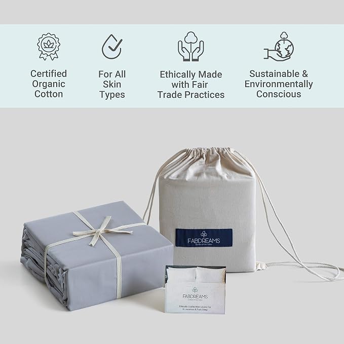 FABDREAMS 100% Organic Cotton California King Sheet Set | 400 Thread Count | Luxury Hotel Collection |GOTS Certified Long Staple Cotton|Elasticised Deep Pocket|Smoother than Egyptian Cotton|Light Gray