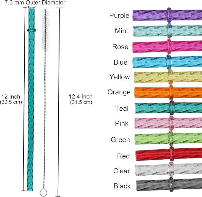 Dakoufish 12 Inch Reusable Clear Plastic Swirl Drinking Straws for Stanley 30 oz & 40 oz Jars/Tumblers,Set of 12 Pcs Replacement Straws with Cleaning Brush (12inch,12color)