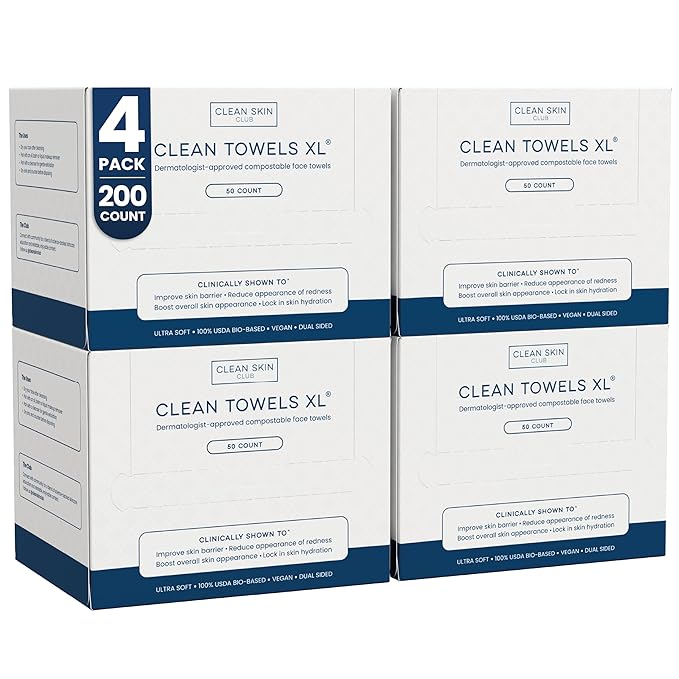 Clean Skin Club Clean Towels XL®, 100% USDA Biobased Face Towel, Disposable Face Towelette, Eczema Association Accepted, Makeup Remover Dry Wipes, Ultra Soft, 50 ct per pack, 4 Packs, 200 Ct Total
