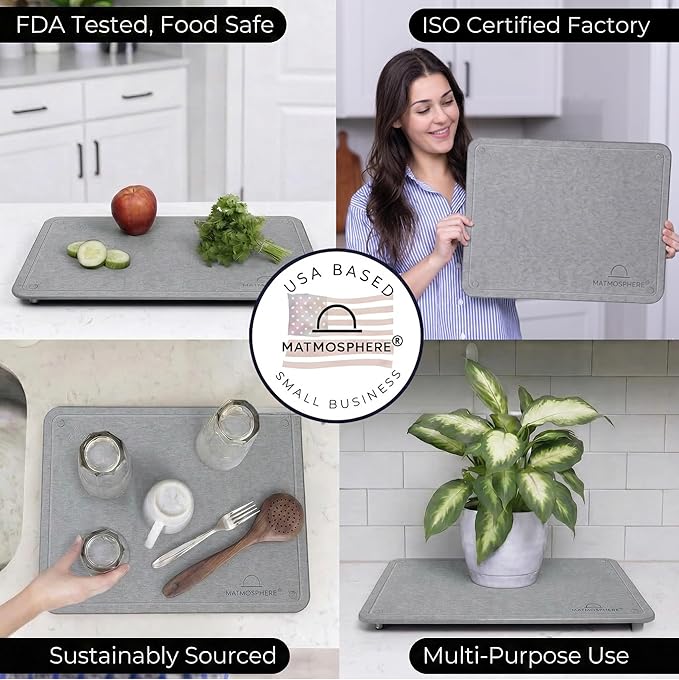 LARGE MATMOSPHERE Stone Dish Drying Mat for Kitchen Counter – Fast Absorbing Diatomaceous Mat with Stainless Steel Legs, Quick Dry, Dish Rack Mat, USA Small Business, 18”x14”, Light Gray