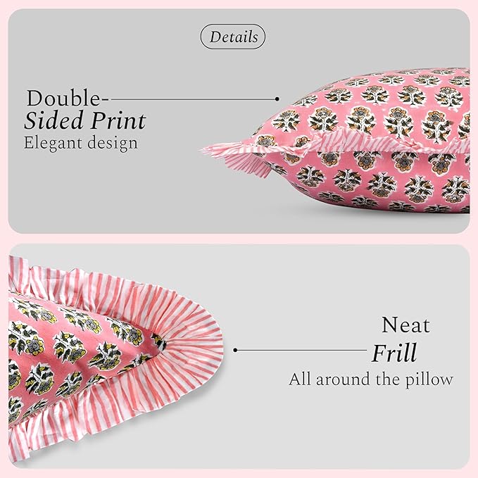 CPC Poppy Pink Ruffle Throw Pillow Covers for Couch, 16x16 Inch Cotton Stripe Ruffle Couch Pillows for Living Room, Hidden 12 Inch Zipper Boho Pillow Case or Cute Outdoor Pillows