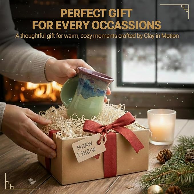 Clay in Motion Hand Warmer Coffee Mug – Handmade Coffee Mug With Comfortable Handle Contoured Pocket Hand Warming Ceramic Coffee Mug – Proudly Made in USA – Left Handed – 14 Oz - Mossy Creek