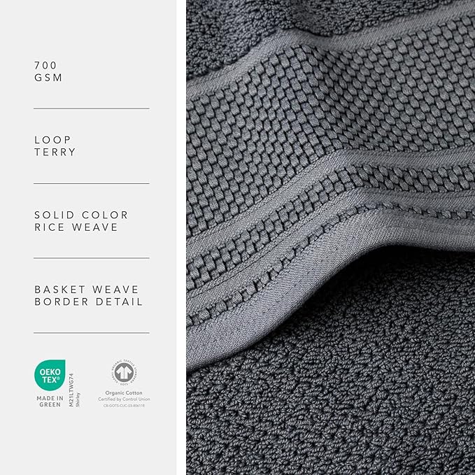 Texere 100% Organic Cotton Rice Weave Jacquard 700 GSM Luxury Bath Towel Sets - Ultra Soft and Absorbent Hotel and Spa Quality (Rice Weave, Charcoal, 2 Bath Towels)