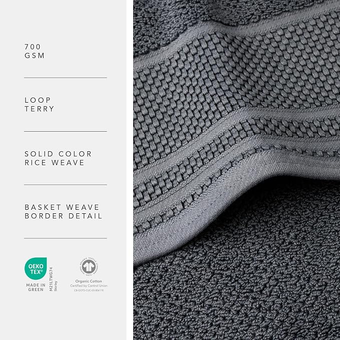 Texere 100% Organic Cotton Rice Weave Jacquard 700 GSM Luxury Bath Towel Sets - Ultra Soft and Absorbent Hotel and Spa Quality (Rice Weave, Charcoal, 4 Bath Towels)