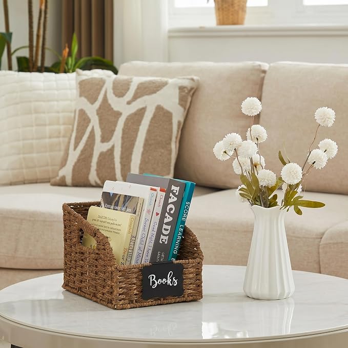 Pantry Organizers, Large Wicker Baskets for Shelves, Labeled Storage Baskets for Organizing with Handles - Paper Storage Bins for Shelves, 3 Pack, Brown