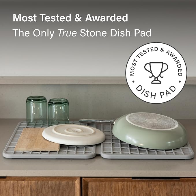 Dorai Home Dish Pad - Collapsable Stone Dish Drying Mat with Diatomaceous Earth for Quick Drying - Ultra Absorbent - Encased in Silicone - Eco-Friendly, Foldable - Large 24.6" x 16.5", Ash
