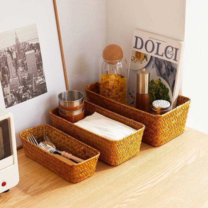 Seagrass Storage Basket, Stackable Open Woven Baskets Bins Container for Organizing Shelves Bedroom Living Room, Set of 3, Natural