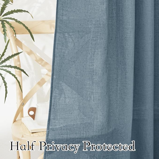 RYB HOME Long Linen Curtains 96 inches Long for Living Room, Light Airy Breathable Window Decor Drapes 2 Panels Set for Laundry Room Home Office, W 52 x L 95 inches, Stone Blue, 2 Panels