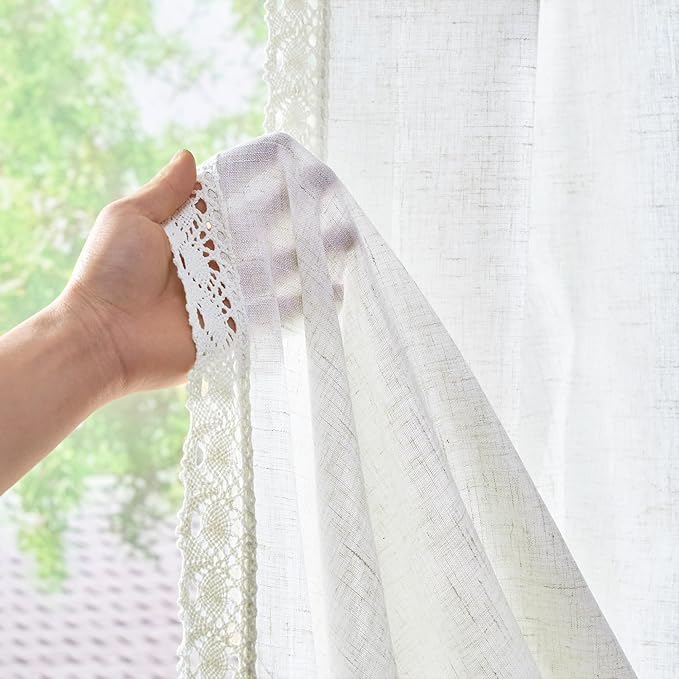 jinchan Linen Curtains for Living Room Bedroom Light Filtering Semi Sheer Curtains Boho Farmhouse French Country Cottage Core Decor Window Drapes Back Tab 84 Inch Length Laced Off White