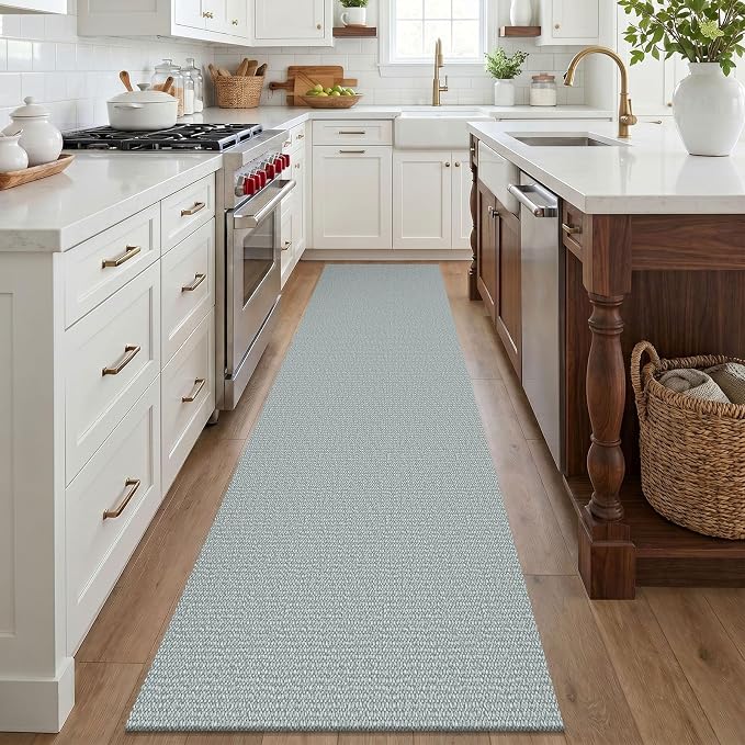 EARTHALL Washable Runner Rug 2x8 Ft Non Slip Runners for Hallways Cotton Rubber Backed Kitchen Runner Braided Indoor Floor Carpet Runners for Entryway, Hallway, Kitchen, Bedroom, Turquoise/Gray