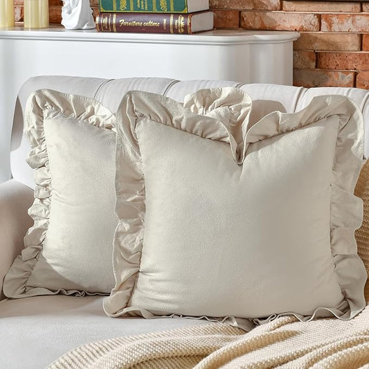 AmHoo Pack of 2 Throw Pillow Covers 100% Cotton Pre Washed Ruffle Decorative Pillowcase Cushion for Couch Sofa Bedroom 18 x 18-Inch Beige