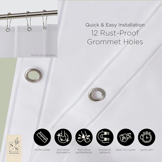 Stitch & Stone Shower Curtain Liner, Premium Medium Weight Durable Waterproof 6g PEVA for Bathroom with Weighted Magnets, Extra Long 72" x 78", Frosty 1 Pack