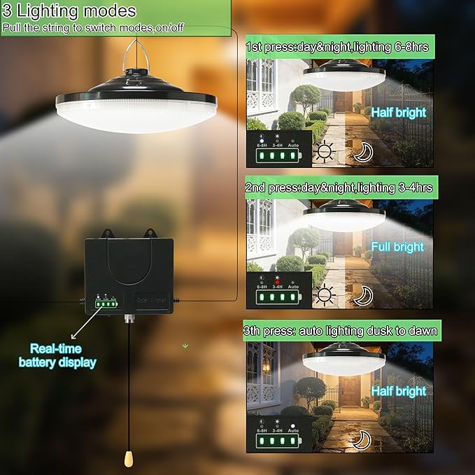 HULPPRE 3000lm Solar Shed Light Indoor Outdoor with Pull String, Daytime or Night,Dusk to Dawn,Bright with 169 LEDs,IP65 Waterproof,3 Modes,for Barn,Chicken Coop,Patio,Garden,Yard,Gazebo