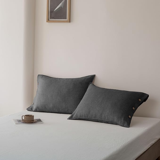 EVERLY 100% Linen Pillowcases Set of 2,French Linen from Normandy, 20X30Inch Standard Size, Natural Color, Coconut Buttons Closure, Flax Pillowshams-Pillowcase-Dark Grey