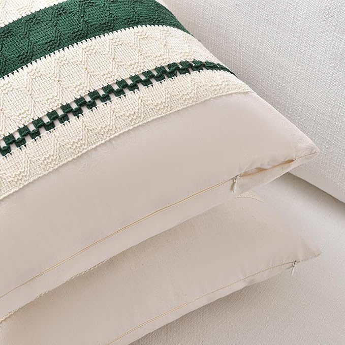 Fancy Homi Set of 2 Dark Green Boho Decorative Throw Pillow Covers 16x16 Inch for Couch Bed Sofa Bedroom Indoors, Modern Farmhouse Vintage Forest Green Living Room Decor