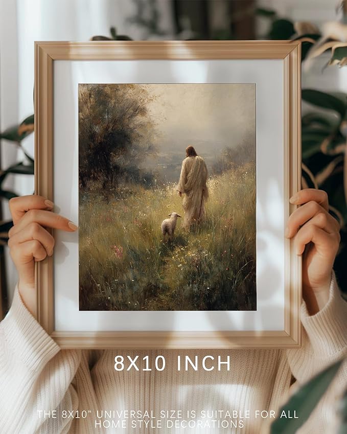 Vodefoad Vintage Wall Art Dector Jesus Leaves The 99 Christian Good Shepherd Artwork Lost Sheep Parable Boho Christian Landscape Oil Painting Bible Verse Canvas for Home Bedroom Holiday Dector - 8x10Inch Unframe