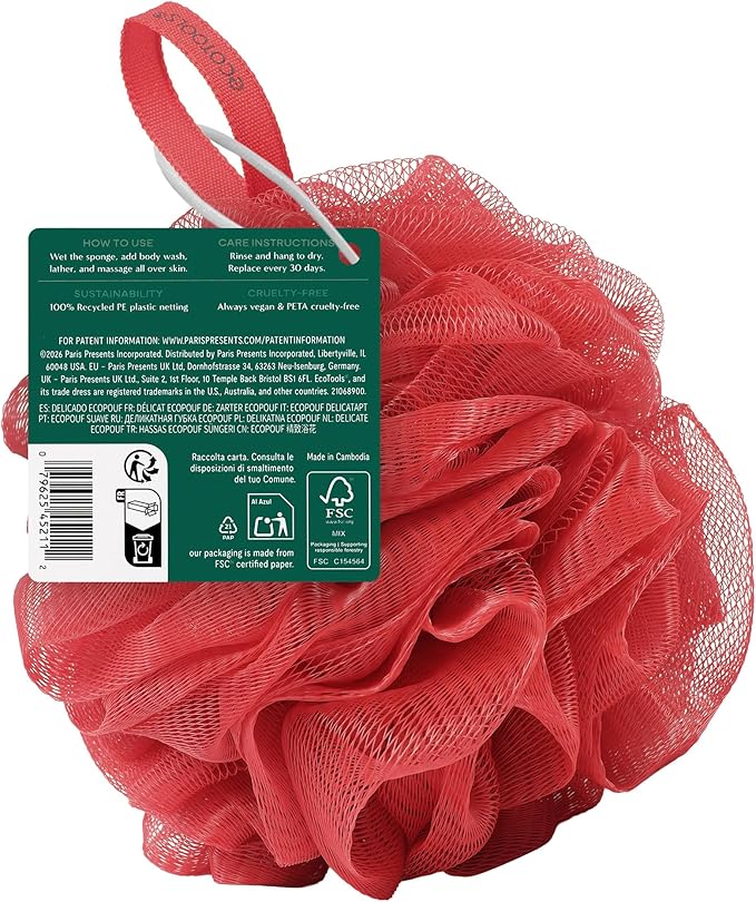 EcoTools Delicate EcoPouf Body Loofah, Gentle Exfoliating Shower Sponge for Sensitive Skin, 100% Recycled Netting Bath Pouf, 1 Count