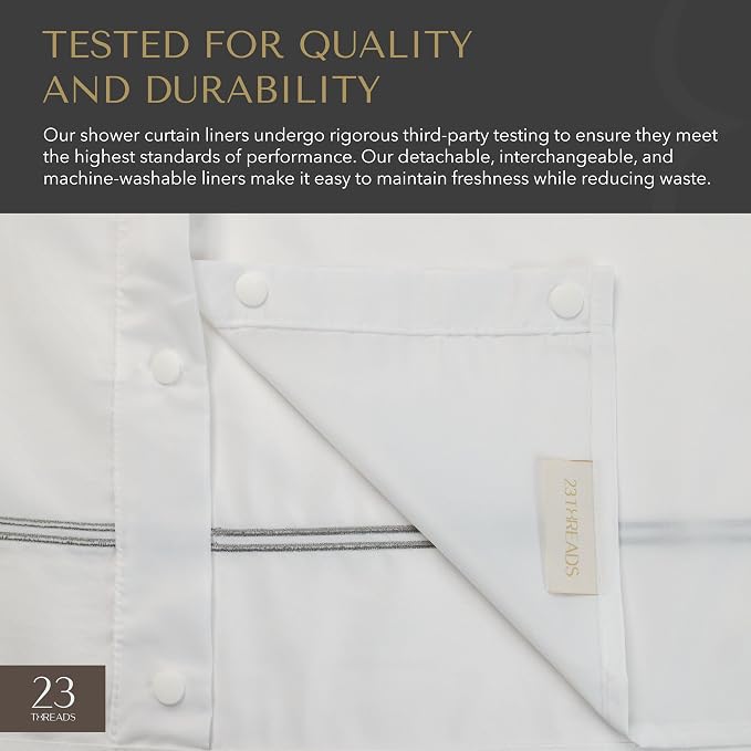 23 THREADS Replaceable Fabric Shower Curtain Liner White Short 70x21 | Water resistant, Sustainable yarns