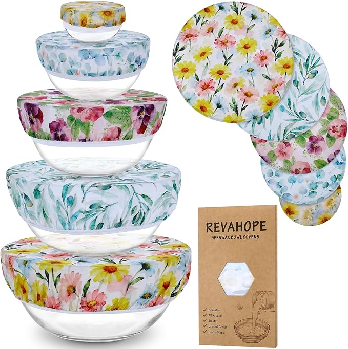 5-Size Reusable Beeswax Bowl Covers for Bread Proofing, Cotton Cloth Flexible Beeswax Wraps for Food Storage(Little Daisy)