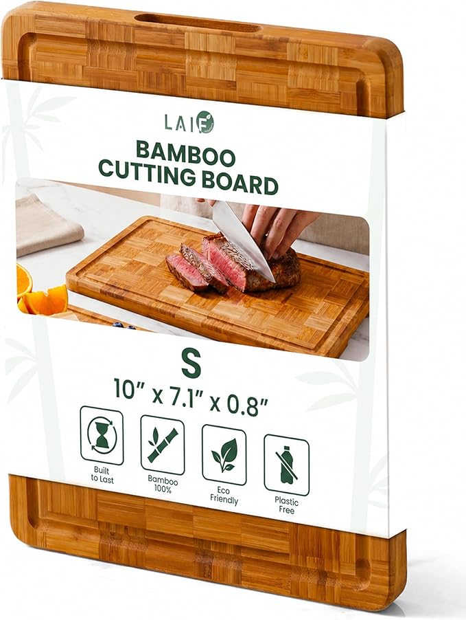 LAIFsolutions Wood Cutting Boards for Kitchen with Juice Groove, Eco-Friendly Wooden Bamboo Chopping board, Food-Safe, Non Plastic Tabla Para, Carbonized Butcher Block for Meat, Veggies Fruits, Small
