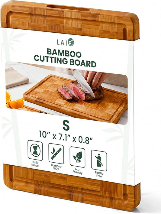 LAIFsolutions Wood Cutting Boards for Kitchen with Juice Groove, Eco-Friendly Wooden Bamboo Chopping board, Food-Safe, Non Plastic Tabla Para, Carbonized Butcher Block for Meat, Veggies Fruits, Small