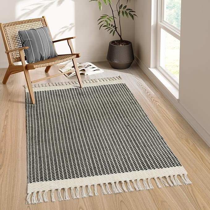 Lahome Belle Boho Living Room 3x5 Washable Rugs for Entryway Lightweight Woven Grey Mat with Tassels, Farmhouse Bathroom Rug Non Shedding Area Carpet for Bedroom Office Camper RV Decor