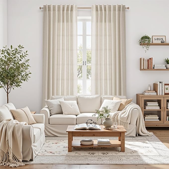 Boho Linen Curtains for Living Room 100 Inches Long Light Filtering Semi Sheer Curtain Back Tab Boho Eclectic Home Decor Elegant Luxury Farmhouse Drapes for Bedroom Dinner Room 52x100, 2 Panels