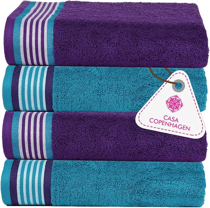 CASA COPENHAGEN He & She 4Pcs 100% Egyptian Cotton Large Designer Towels Gift Set- Violet - Turquoise, 550 GSM, 55"x27", 4Bath Towels for Bathroom (Box Pack, Set for Women & Men)