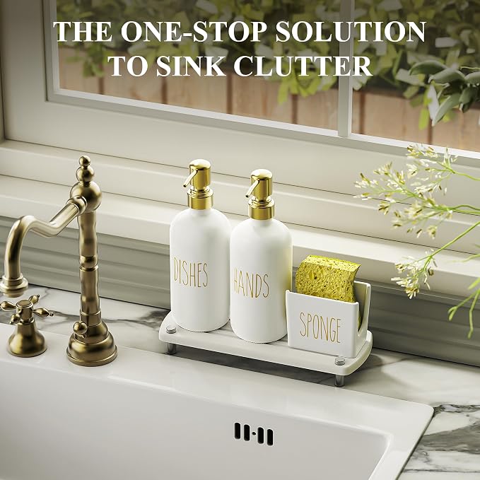 Cisily Kitchen Soap Dispenser Set Comes with Ceramics Sponge Holder, Gold Pumps, and Instant Dry Tray, Hand and Dish Soap Dispenser Set, Kitchen Decor and Accessories for Countertop Organizer
